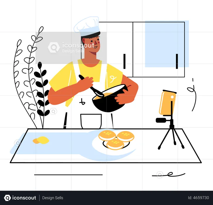 Happy man cooking dishes at kitchen on Video streaming  Illustration