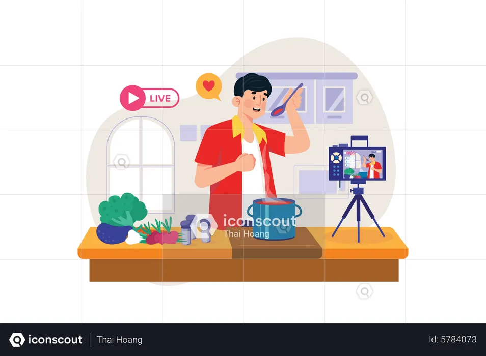 Happy man cooking dishes in the kitchen on a live stream  Illustration