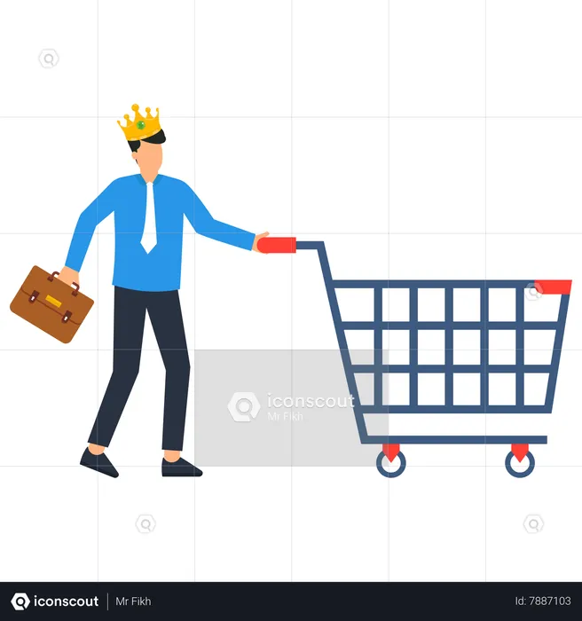 Happy man customer wearing a king crown running with a shopping cart ready to buy a product  Illustration