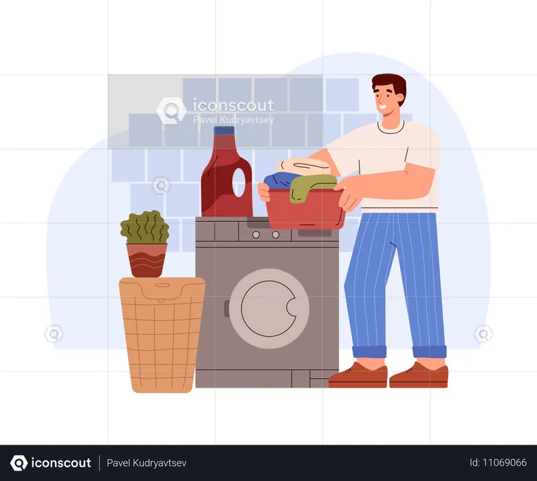 Happy man doing laundry  Illustration