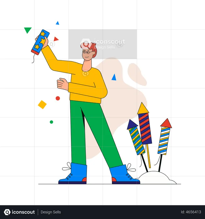 Happy man holding clapperboard and getting ready to launch fireworks  Illustration
