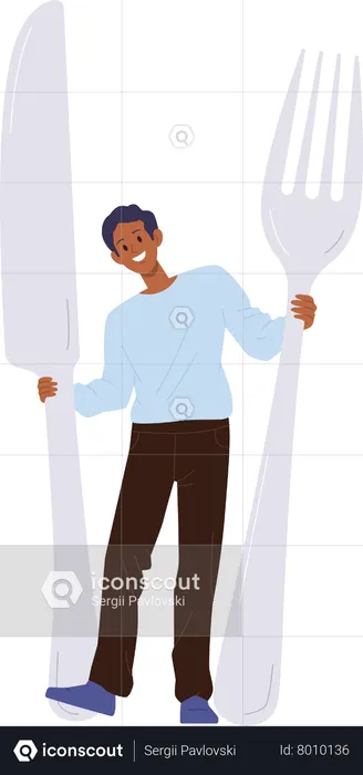 Happy man holding huge knife and fork kitchen utensils for serving table  Illustration