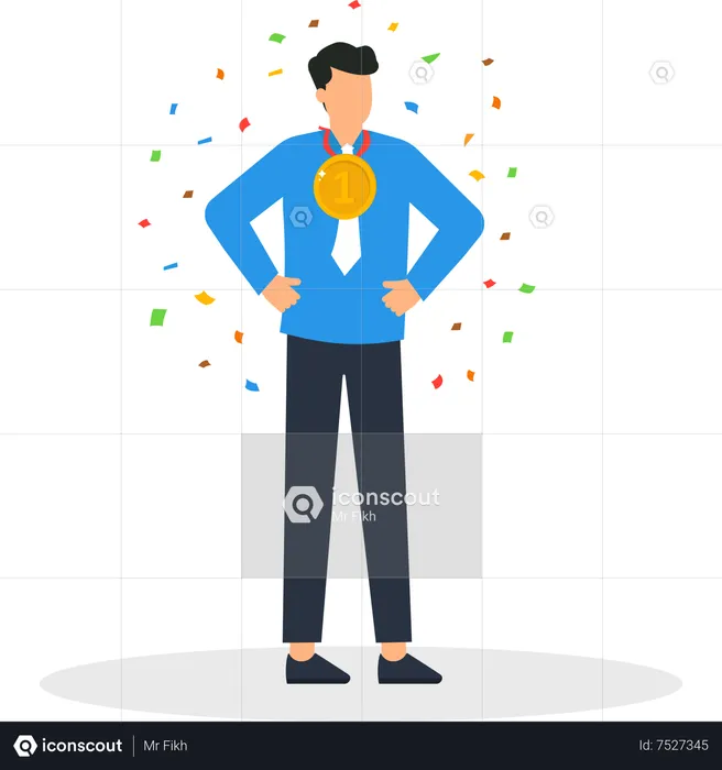 Happy man holding the gold medal and celebrating victory  Illustration