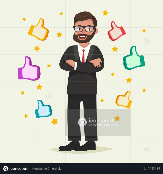 Happy man in glasses with beard with gesture like around him  Illustration