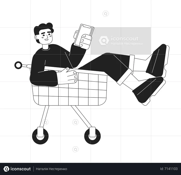 Happy man in shopping trolley holding phone  Illustration