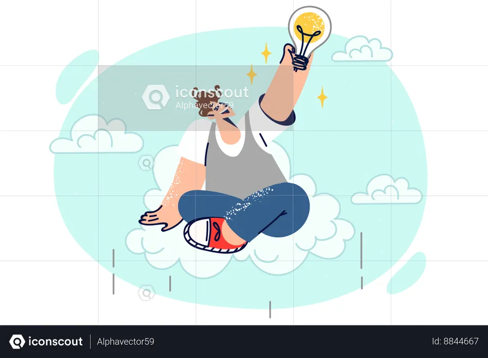 Happy man invented new idea sits on cloud and grabs light bulb  Illustration