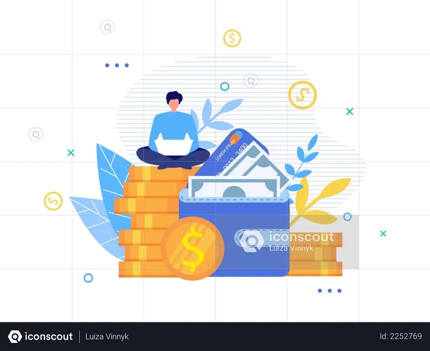 Happy Man Making Money Online on Laptop  Illustration