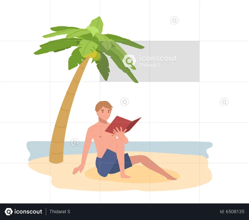 Happy man on the beach while reading book  Illustration