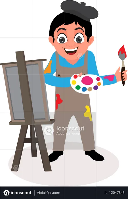 Happy man painting with brush and color palette in front of canvas  Illustration