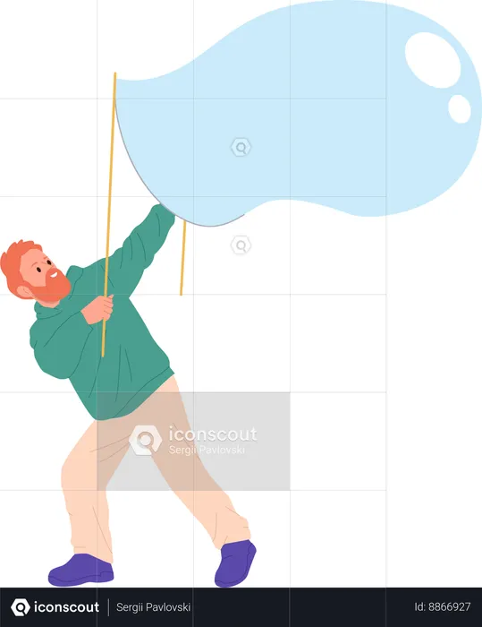 Happy man playing soap bubble with sticks  Illustration