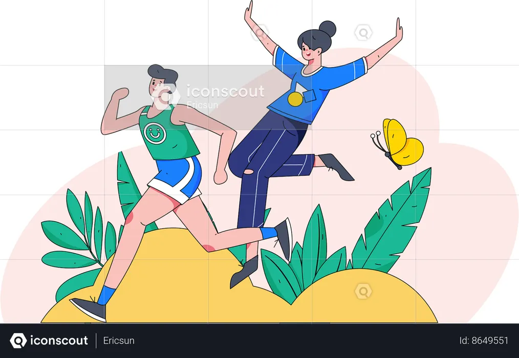 Happy man running and woman smiling and jumping In air  Illustration