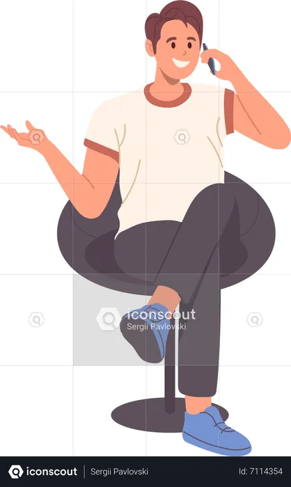 Happy man sitting on chair with crossed legs and talking mobile phone  Illustration