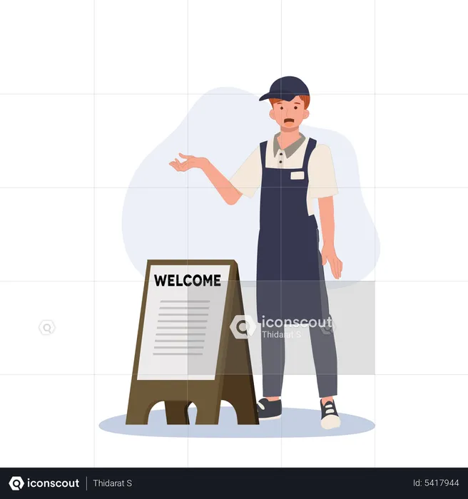 Happy man waiter with welcome wood sign  Illustration