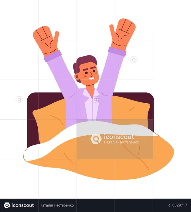 Happy man waking up in bed  Illustration