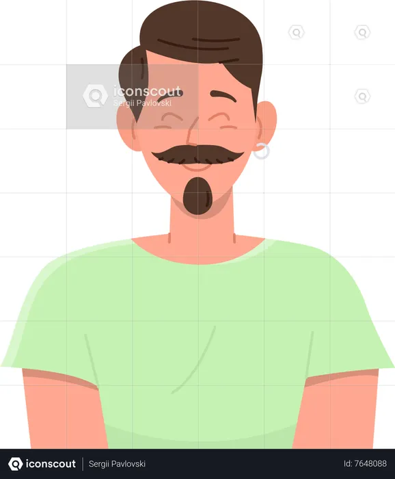 Happy man with mustache and beard showing positive emotion feeling good and satisfied  Illustration