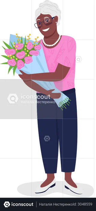 Happy mature African American woman with flowers  Illustration