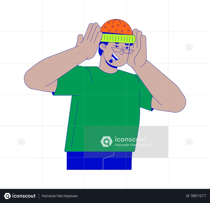 Happy middle eastern man putting on knitted hat  Illustration