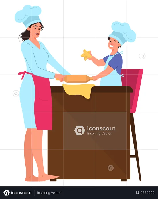 Happy mom and her daughter cooking  Illustration
