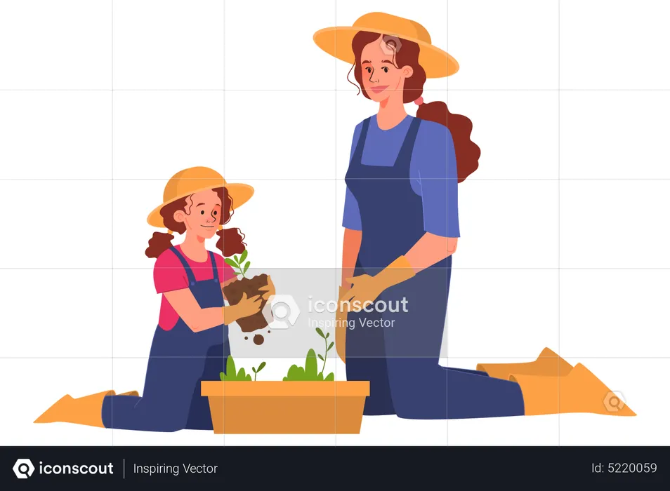 Happy mom and her daughter gardening  Illustration