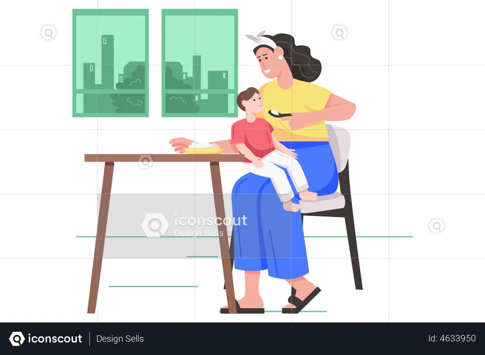 Happy mom feeds her son with spoon  Illustration