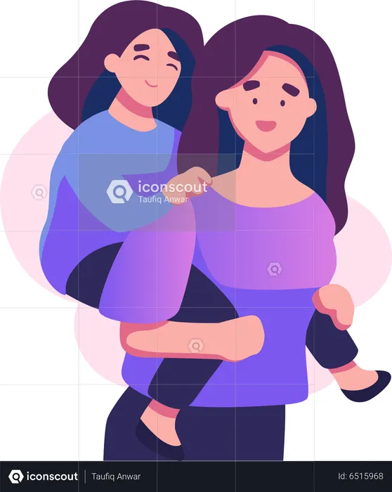 Happy mother carry daughter on back  Illustration