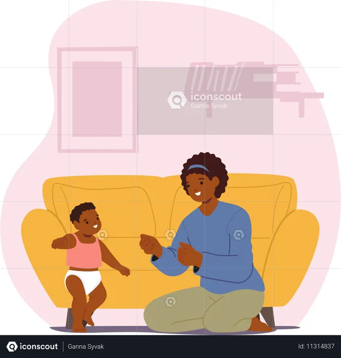 Happy mother enjoying parenting looking on first steps of her toddler son  Illustration