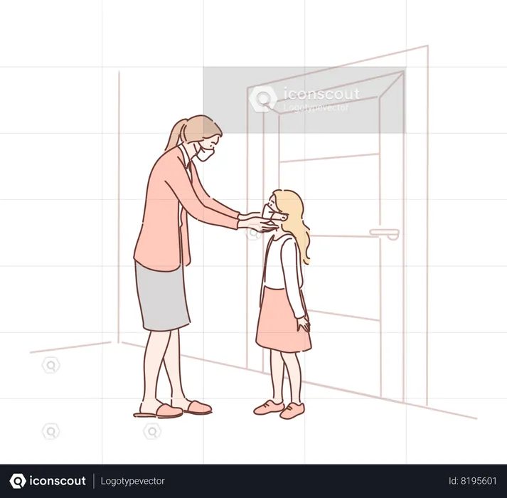 Happy mother putting medical face mask on daughter face  Illustration