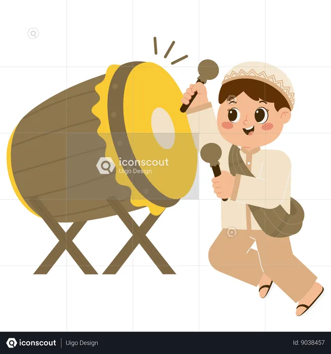 Happy Muslim Boy Hitting Bedug  Illustration