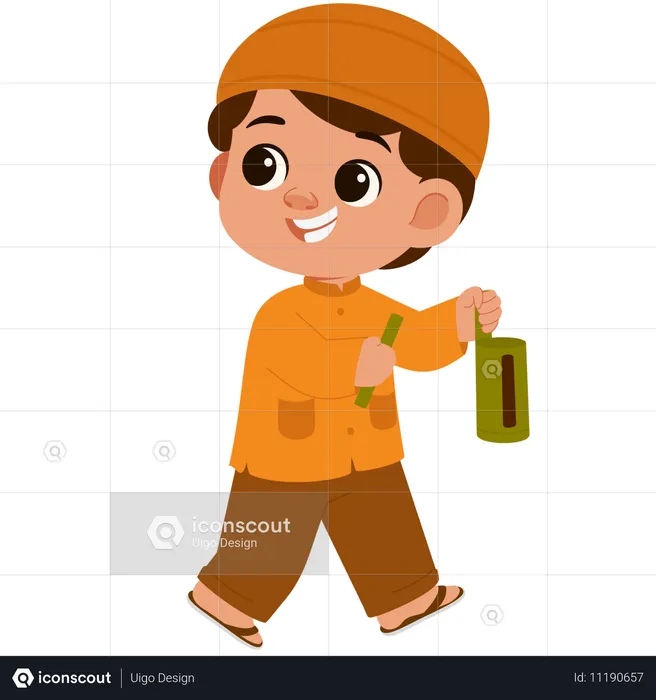 Happy Muslim Boy Hitting Kentongan  Illustration