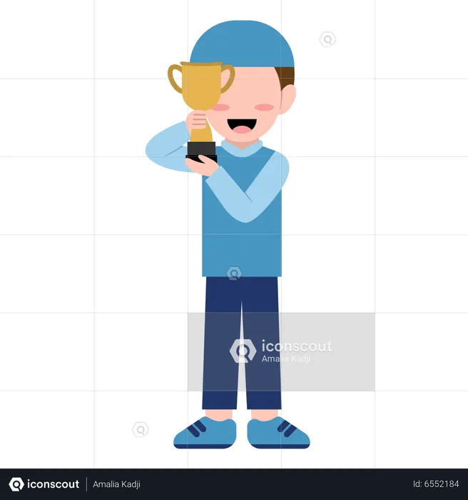 Happy muslim boy showing trophy cup  Illustration