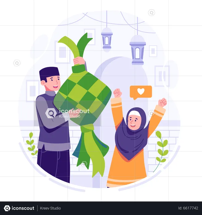 Happy Muslim couple celebrate eid al-fitr  Illustration