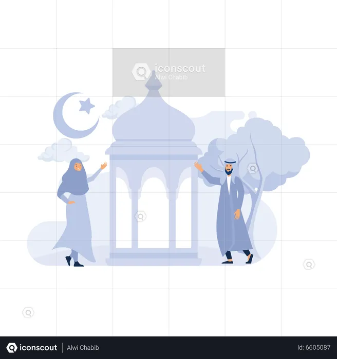 Happy Muslim couple greeting  Illustration