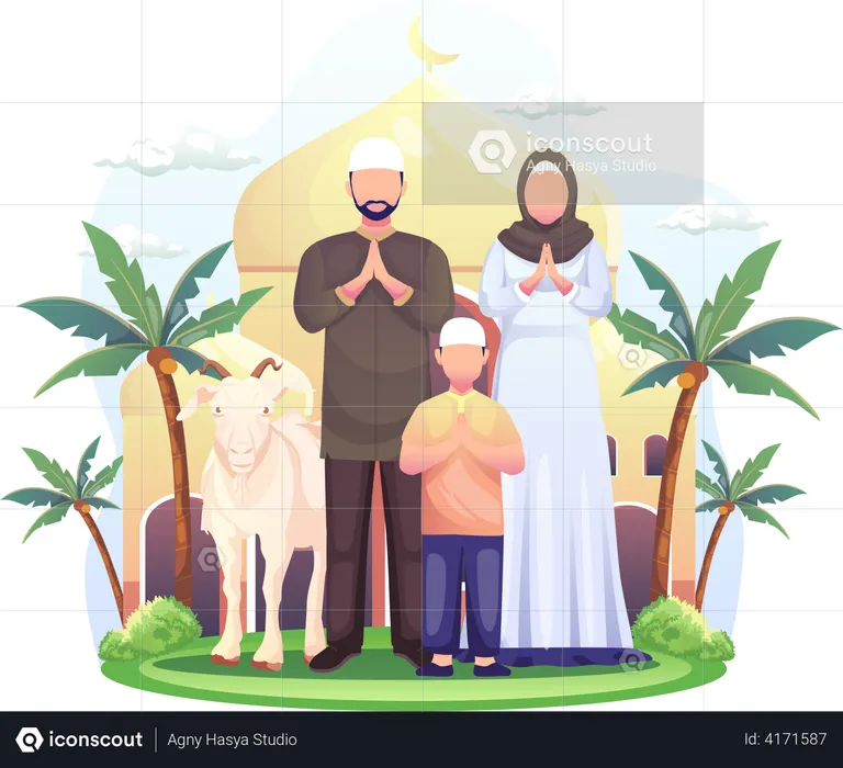 Happy Muslim family celebrating Eid Al Adha  Illustration