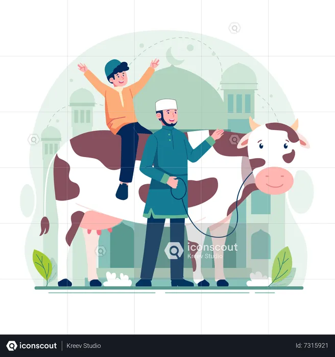 Happy muslim man with cow  Illustration