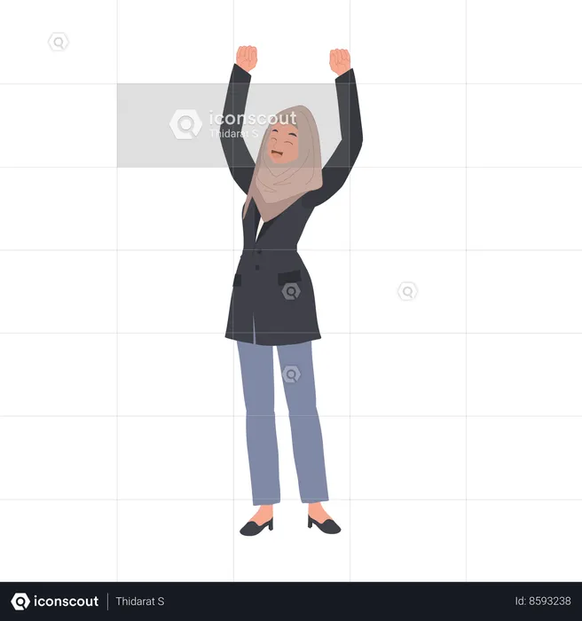 Happy Muslim Woman Raising Hand in Joyful Celebration of Business Success  Illustration