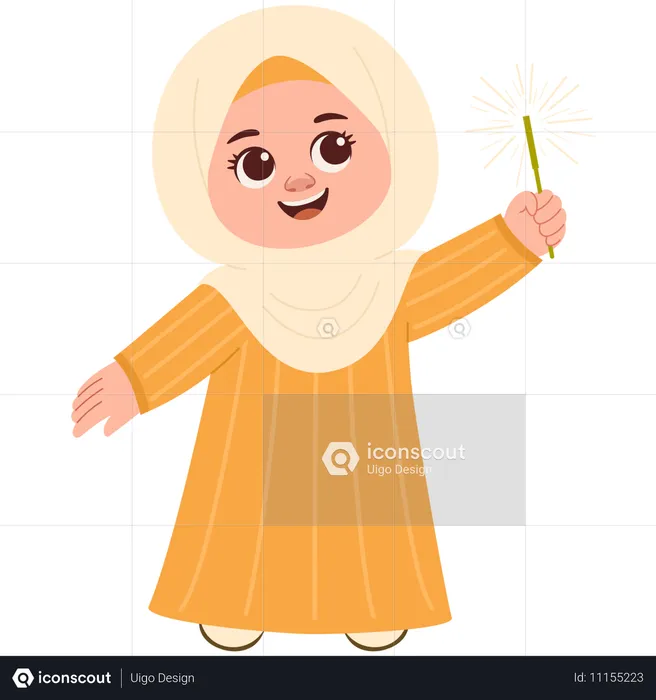 Happy Muslimah With Firecrackers  Illustration