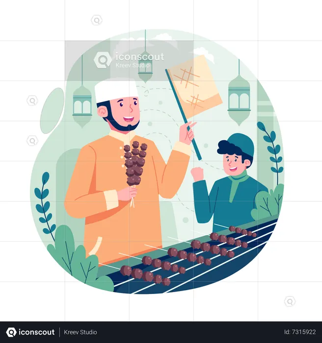 Happy muslims make satay during Eid al-Adha  Illustration