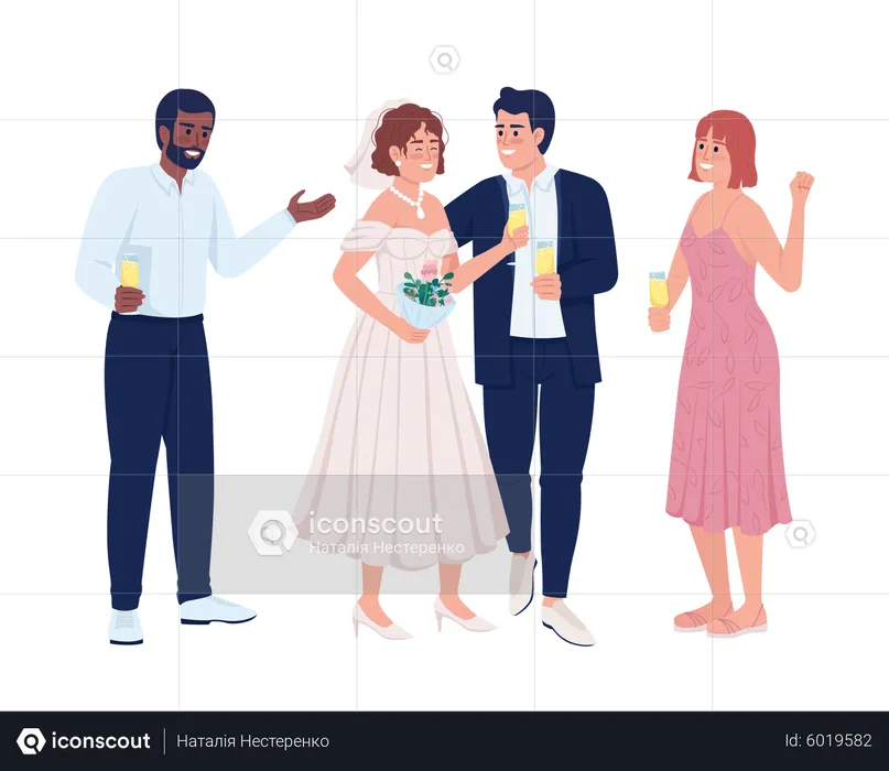 Happy newlyweds with friends  Illustration