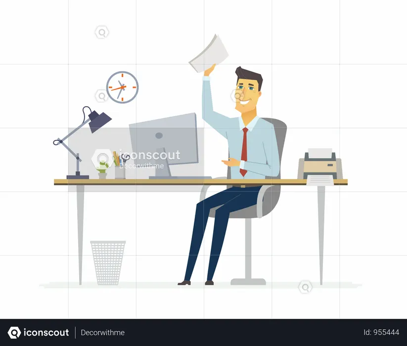 Happy Office Worker Working On Desk  Illustration