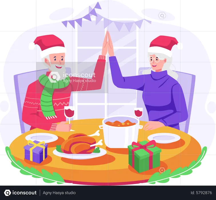Happy Old Couple doing high five and celebrating Christmas by having dinner together  Illustration