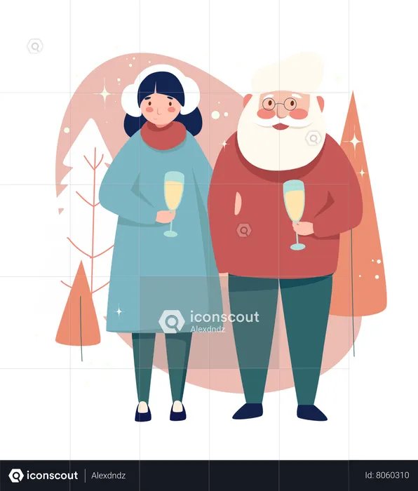 Happy old couple drinking champagne and celebrating event in snowy forest together  Illustration