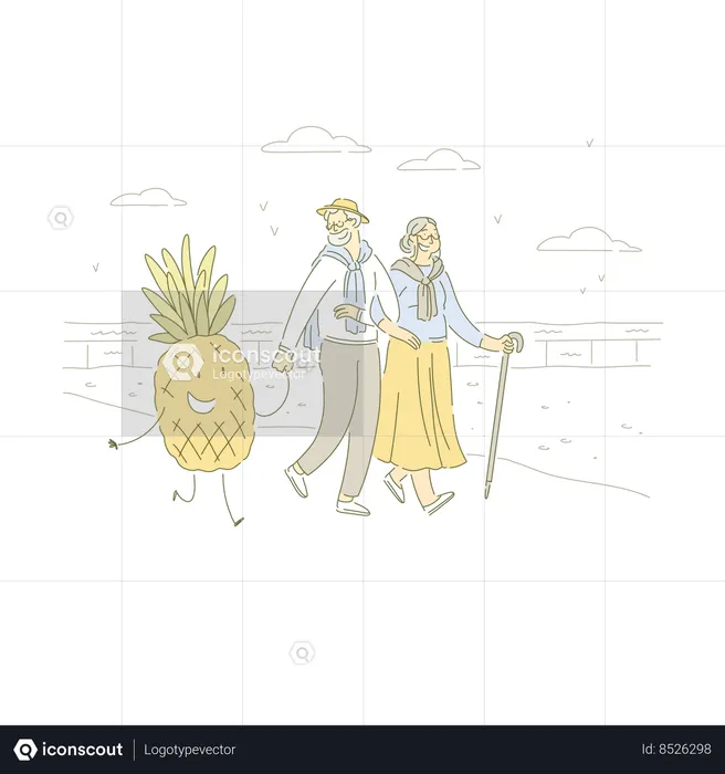 Happy old man and woman on walk  Illustration