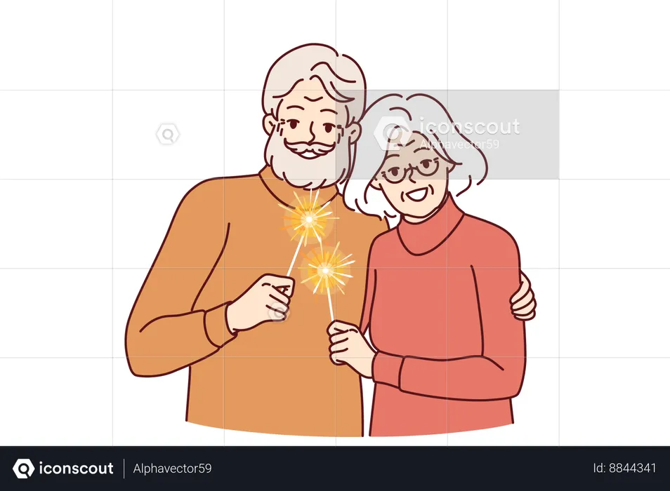 Happy old people with sparklers  Illustration