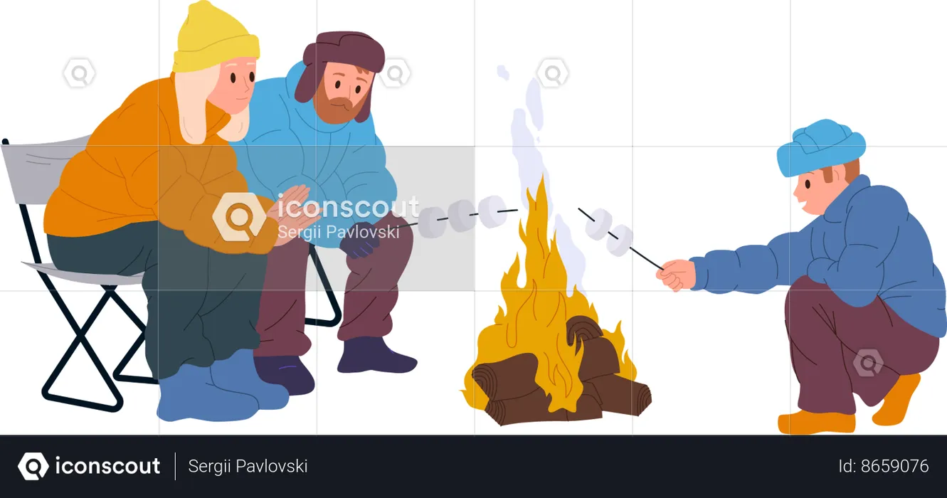 Happy  parents and son frying marshmallow on camp fire  Illustration