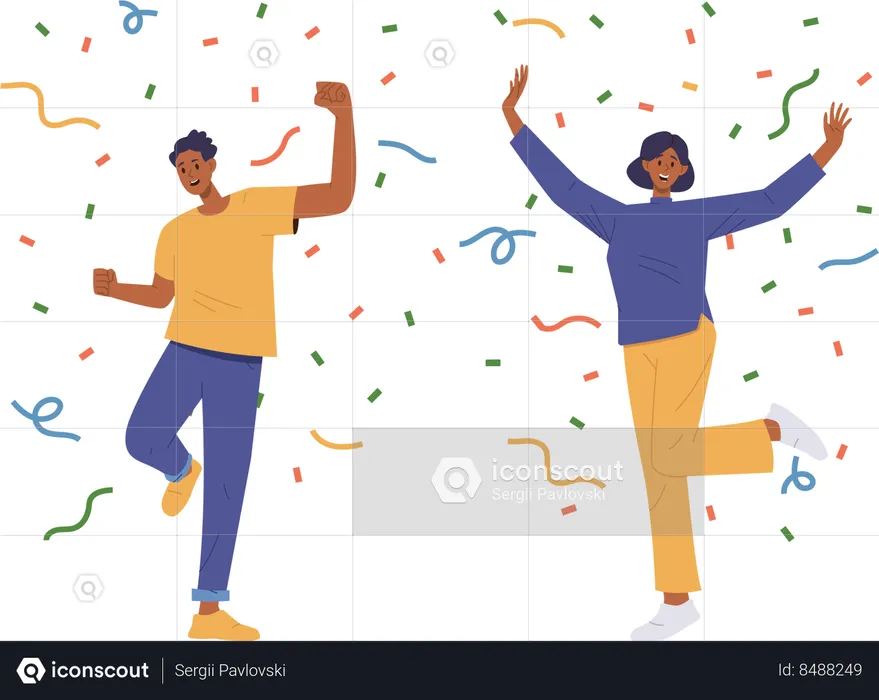 Happy partying man and woman jumping under confetti rain rejoicing celebrating  Illustration