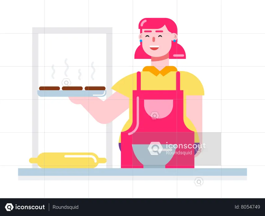 Happy patissier girl making cookies in her bakery  Illustration