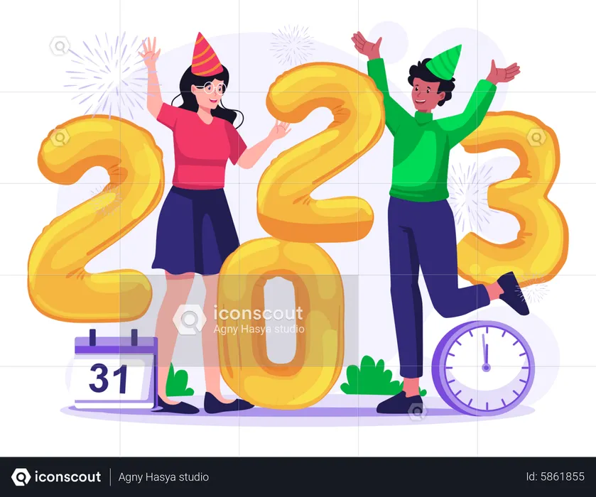 Happy People Celebrate New Year 2023  Illustration