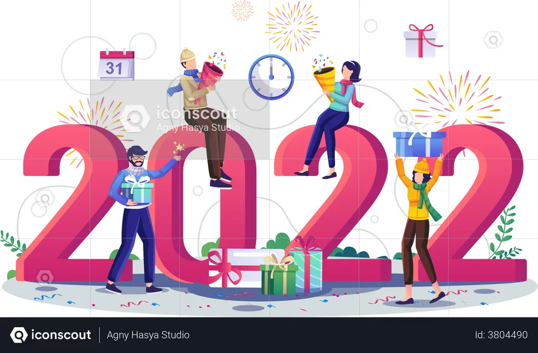 Happy People Celebrating New Year 2022  Illustration