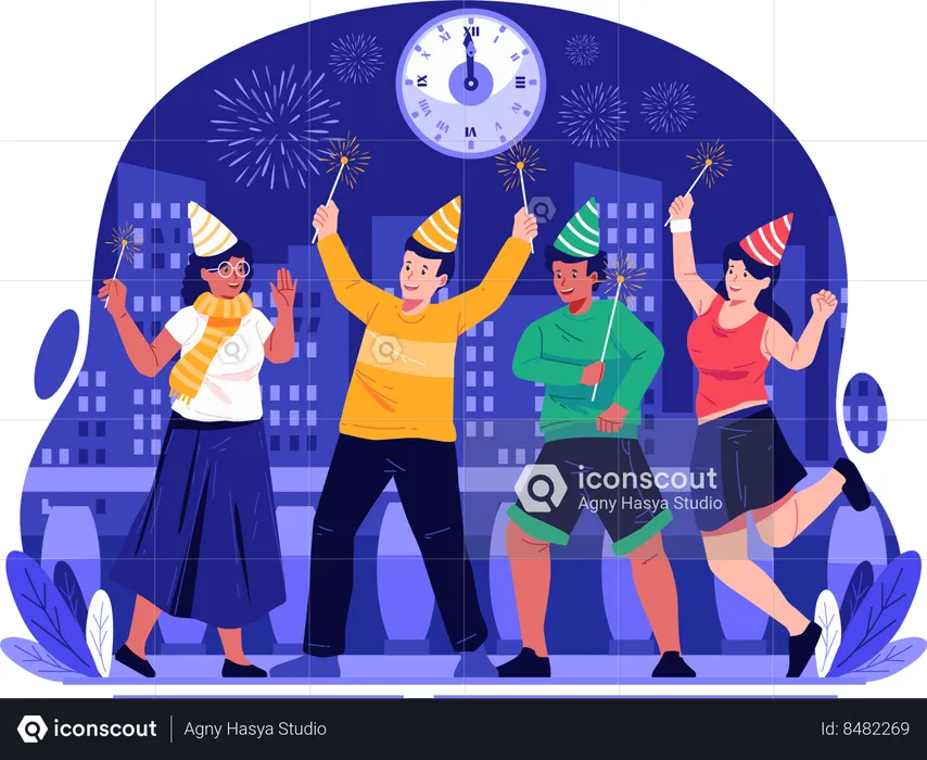 Happy People Is Setting off Fireworks to Celebrate New Year’s Eve  Illustration