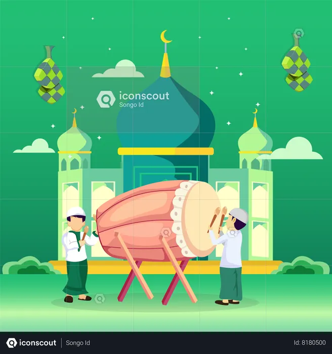 Happy people Muslim celebrate Ramadan Kareem with Bedug  Illustration